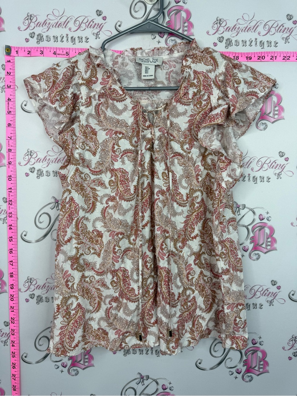 Rachel Zoe Cream and Rust Paisley Ruffle-Sleeve Tie-Neck Blouse